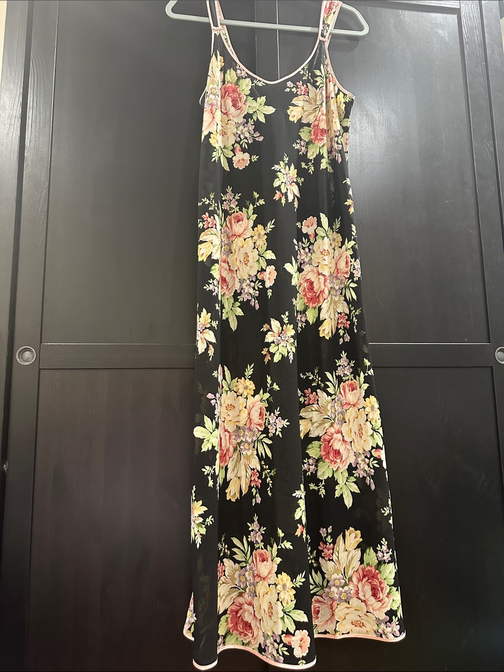 Oscar de la Renta Black Maxi Slip Dress with Pink and Cream Floral Print